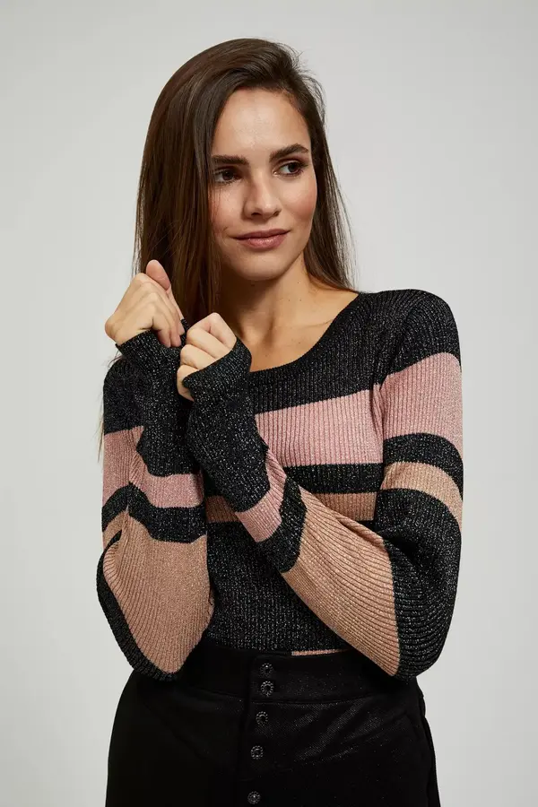 Marisse Marisse Black Striped Sweater With Metallic Thread And Round Neckline