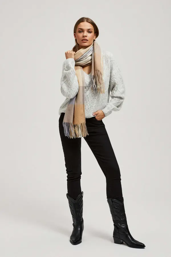 Marisse Marisse Dark Beige Checkered Scarf With Fringes