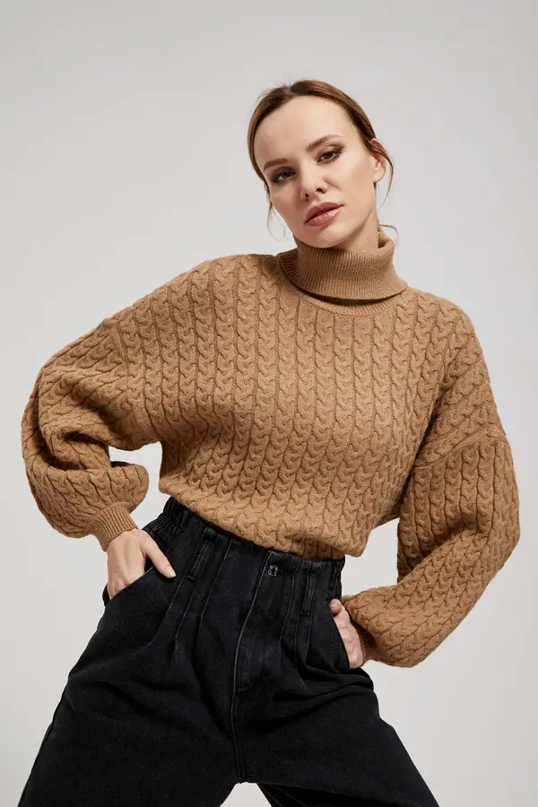 Marisse Marisse Dark Beige Turtleneck Sweater With Puffed Sleeves