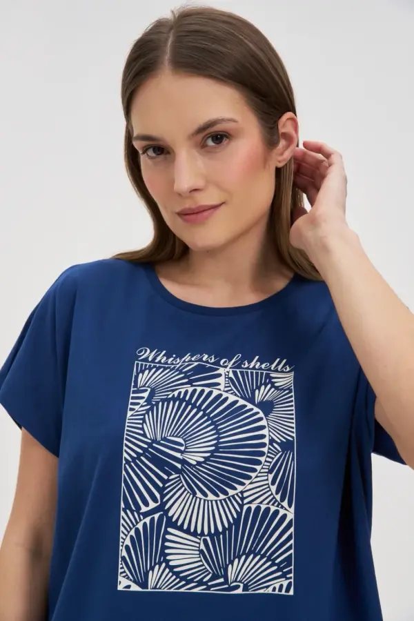 Marisse Marisse Navy Blue Cotton Blouse With Print