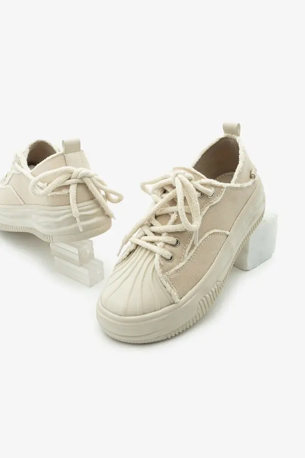 Marjin Marjin Women's Thick Sole Linen Fabric Sneaker Sports Shoes Pearl Beige