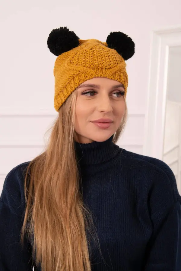Kesi marka niezdefiniowana Cap with fleece 2 pompoms K291 mustard