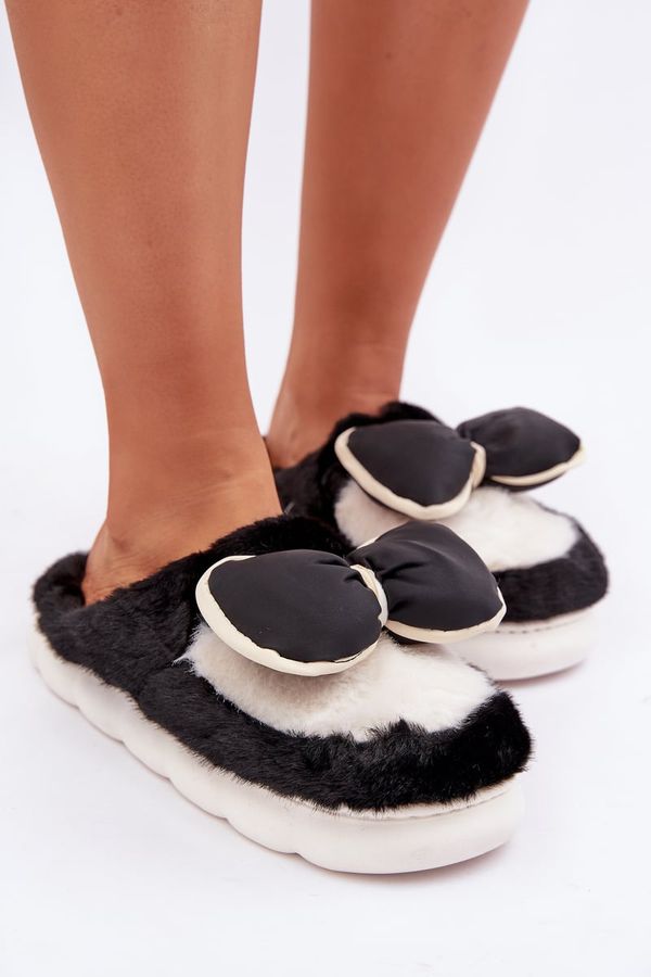 marka niezdefiniowana marka niezdefiniowana Furry Slippers With Bow Black Grilis