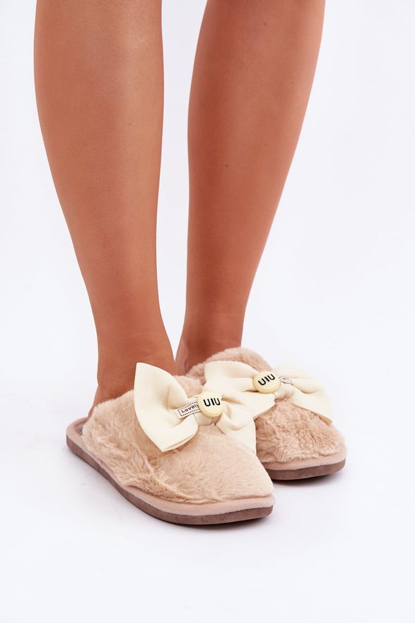 marka niezdefiniowana marka niezdefiniowana Women's Slippers With Fur And Bow Beige Olfedi