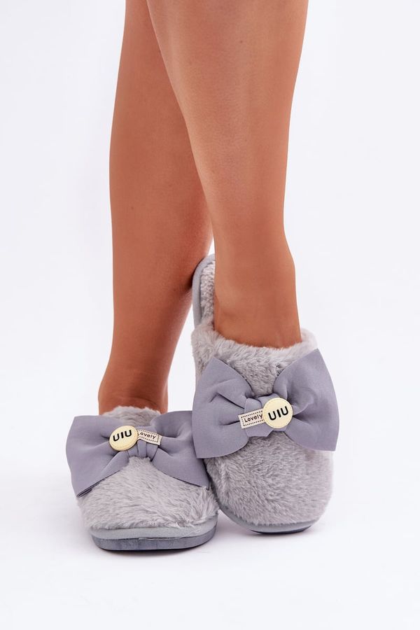marka niezdefiniowana marka niezdefiniowana Women's Slippers With Fur And Bow Grey Olfedi