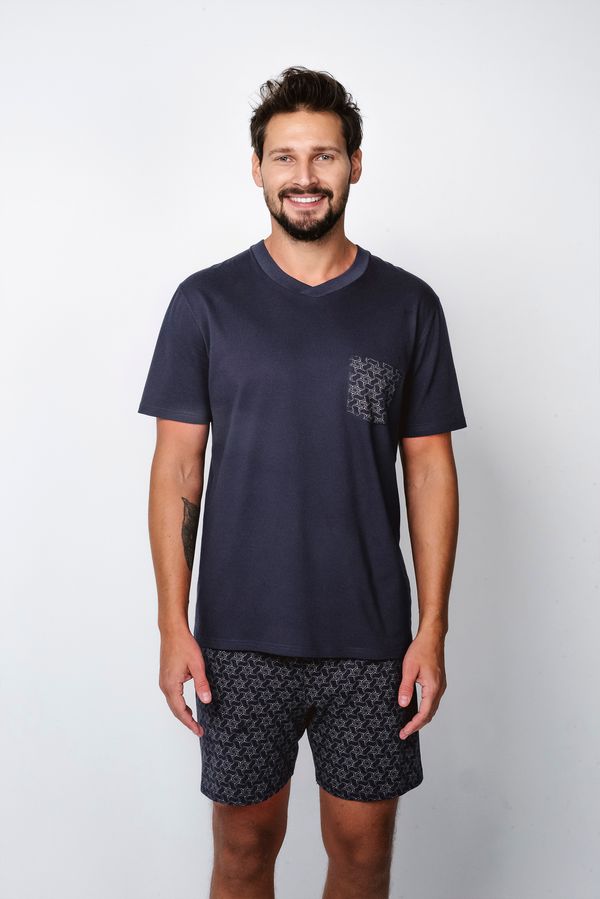 Italian Fashion Men's pajamas Diaz, short sleeves, shorts - navy blue/print
