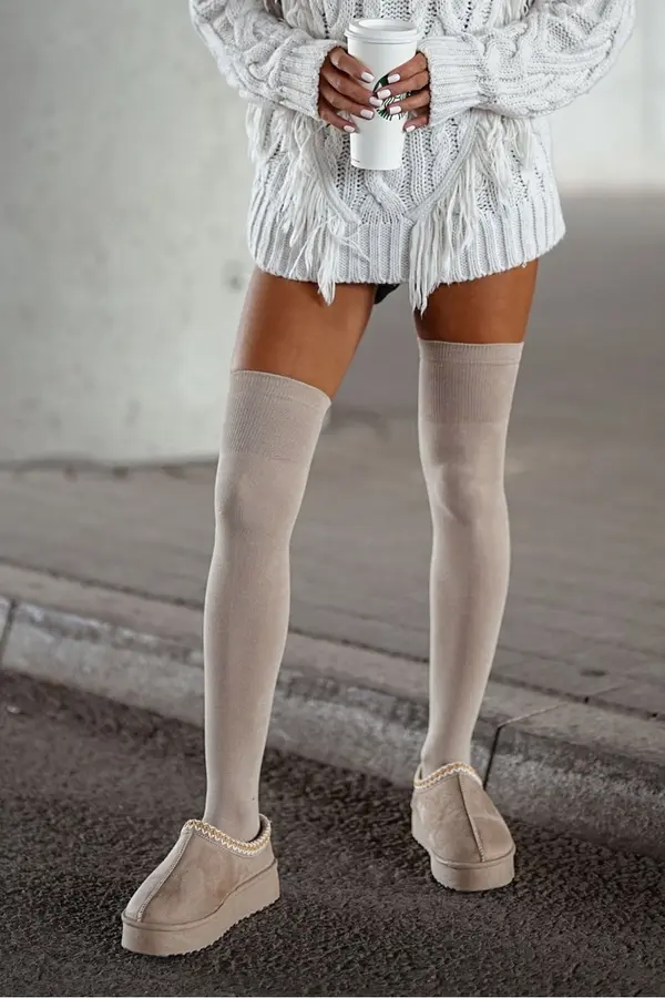 Milena Milena Women's Cotton Smooth Beige Over-the-Knee Socks