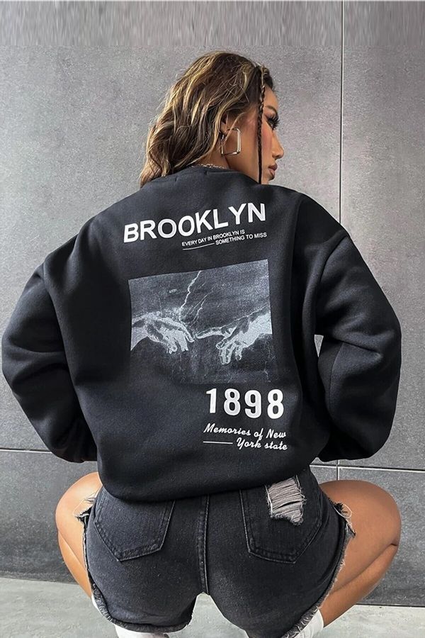 MOONBULL MOONBULL Unisex Black Bronlyn 1898 Back Printed Crewneck Oversized Sweatshirt.