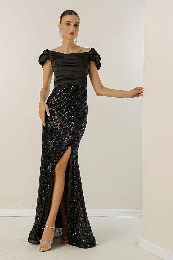 By Saygı Napisao Saygı Madonna ovratnik pao punašniji rukavi prednji drapirani gornji satenski dno natečena duga haljina