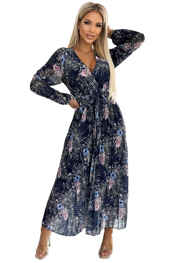 NUMOCO Numoco pleated chiffon long dress with neckline, long sleeves and belt