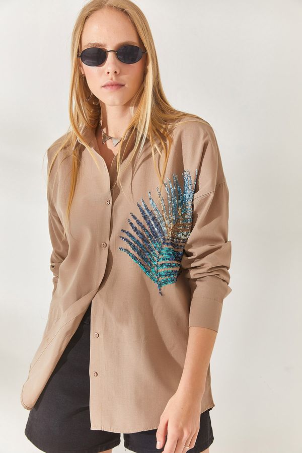 Olalook Olalook Mink Palm Sequin Detailed Oversized Woven Poplin Shirt