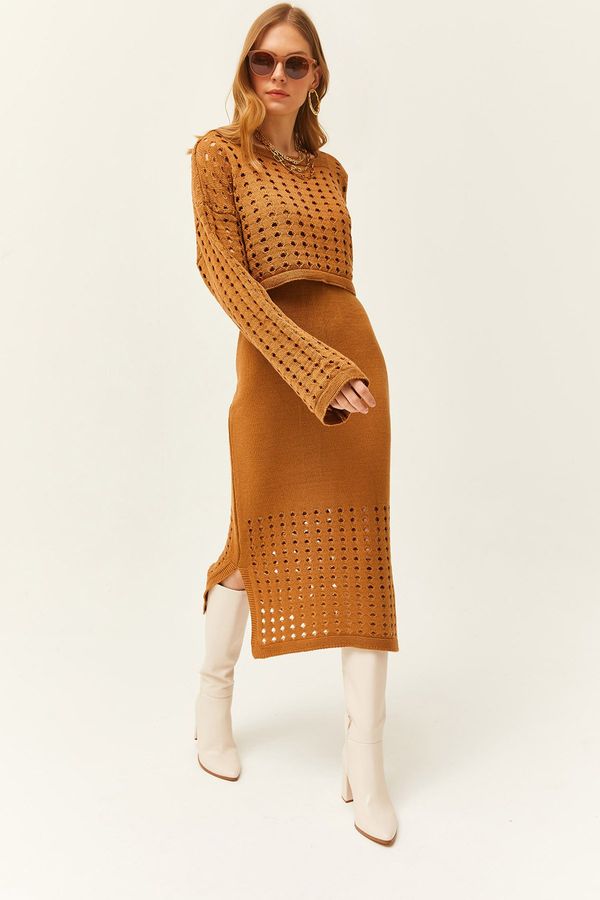 Olalook Olalook Women Camel Top Openwork Sweater Bottom Openwork Dress Knitwear Suit