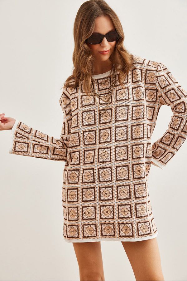 Olalook Olalook Women's Beige Ethnic Patterned Knitwear Tunic Dress