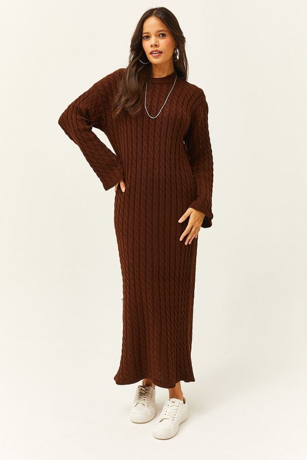 Olalook Olalook Women's Bitter Brown Hair Braided Long Knitwear Dress