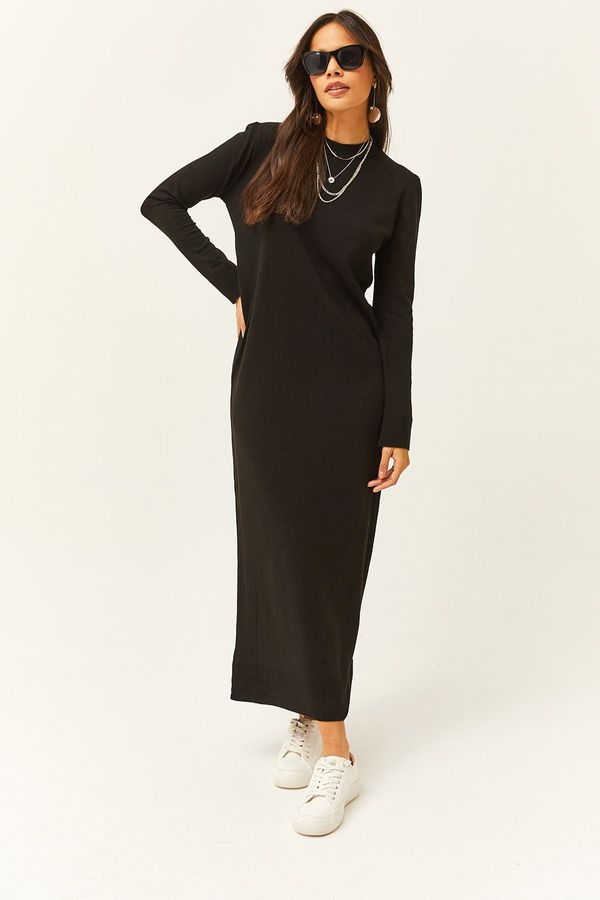 Olalook Olalook Women's Black Crew Neck Long Knitwear Dress
