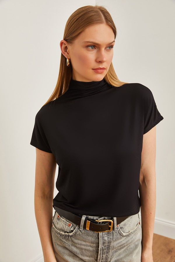Olalook Olalook Women's Black Stand Collar Bat Flowing Blouse