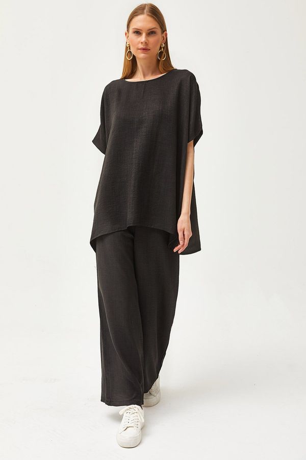 Olalook Olalook Women's Black Top Loose Blouse Bottom Pocket Palazzo Linen Content Suit