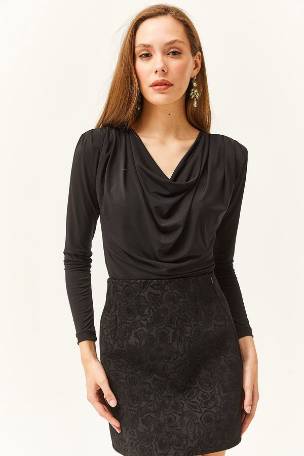 Olalook Olalook Women's Black Waistband Pleated Roll Up Collar Blouse