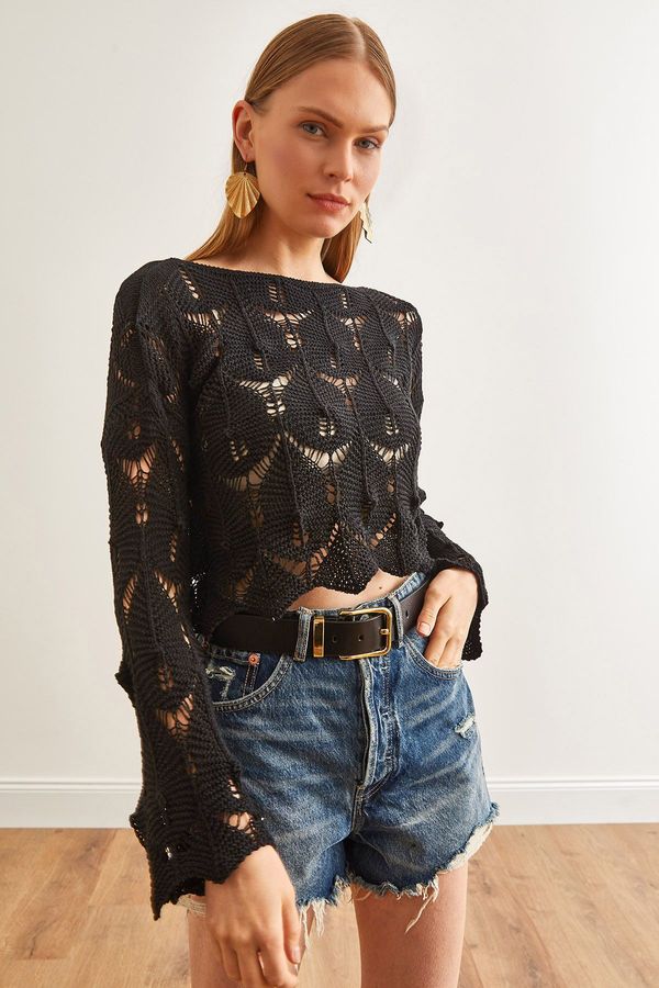 Olalook Olalook Women's Black Wide Collar Skirt Wavy Cotton Knitwear Blouse