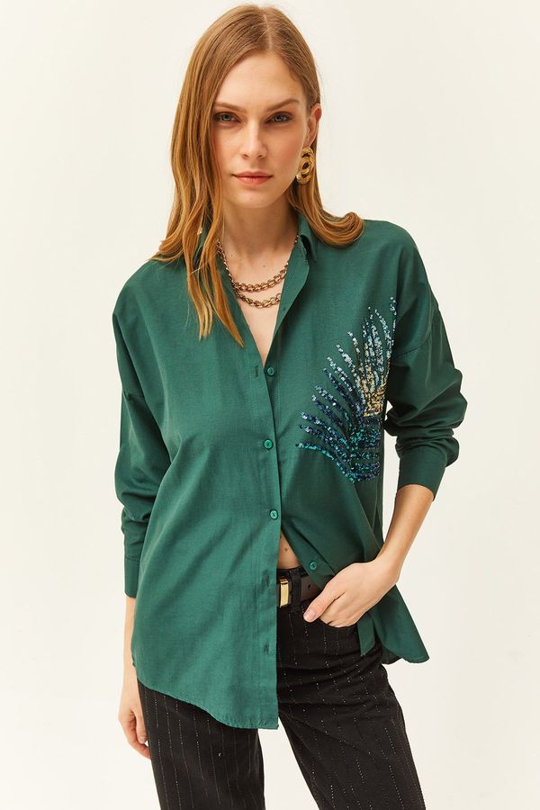 Olalook Olalook Women's Emerald Green Palm Sequin Detailed Oversize Woven Poplin Shirt