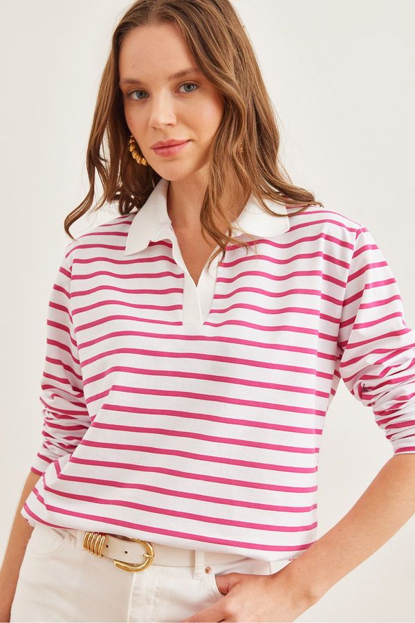 Olalook Olalook Women's Fuchsia Polo Collar Striped Sweatshirt