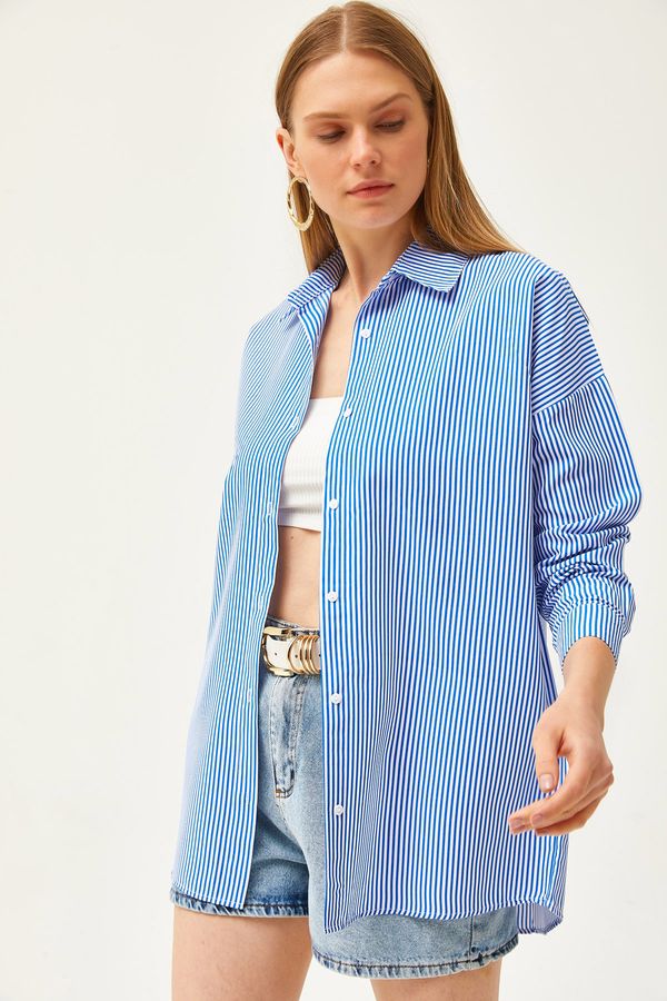 Olalook Olalook Women's Navy Blue Striped Boyfriend Woven Shirt