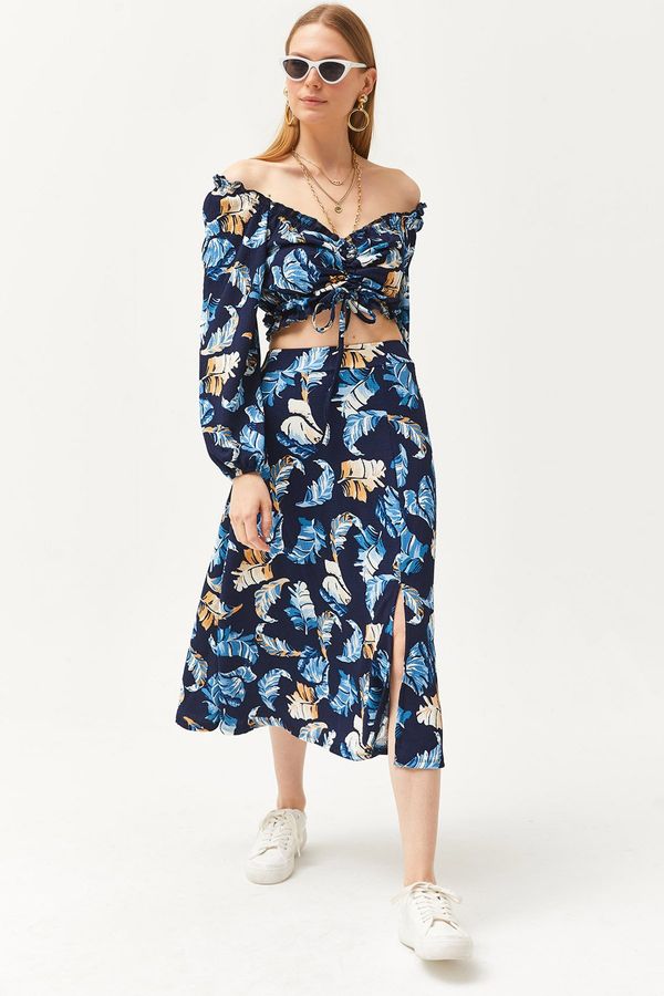 Olalook Olalook Women's Navy Blue Top Blouse and Bottom Slit Skirt Suit