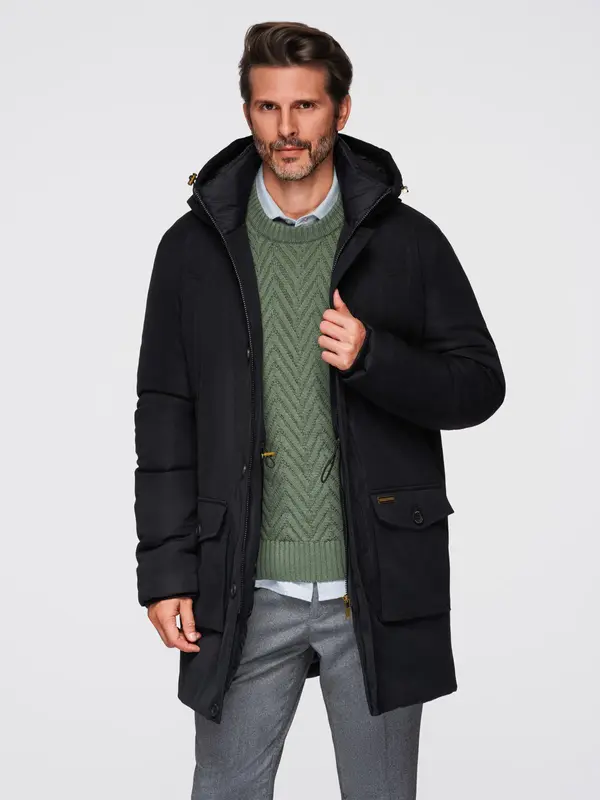Ombre Ombre Elegant men's parka with cargo pockets and hood - black