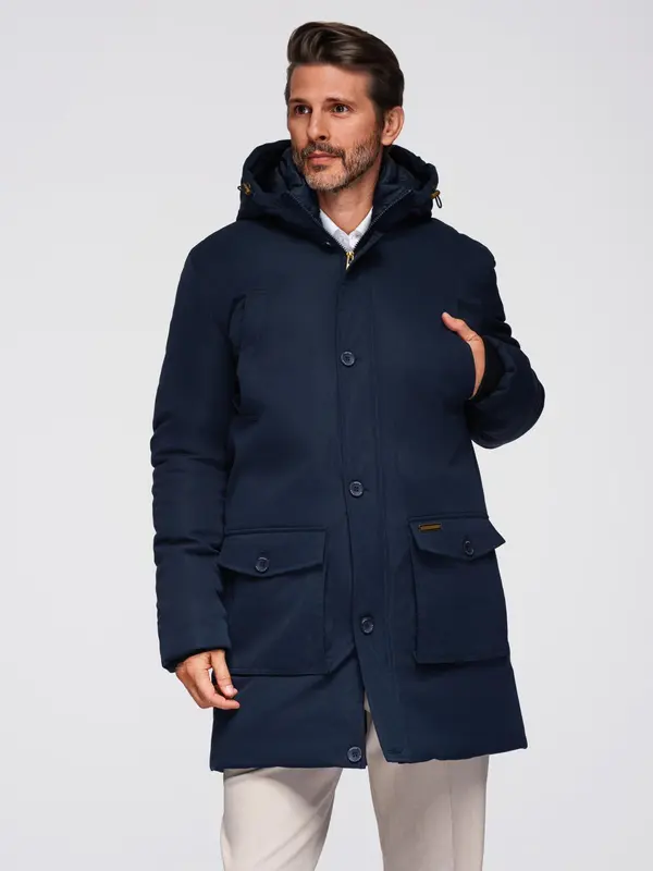 Ombre Ombre Elegant men's parka with cargo pockets and hood - navy blue