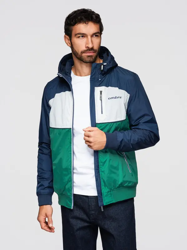 Ombre Ombre Lightweight colorful men's sports jacket with fleece - green and navy blue