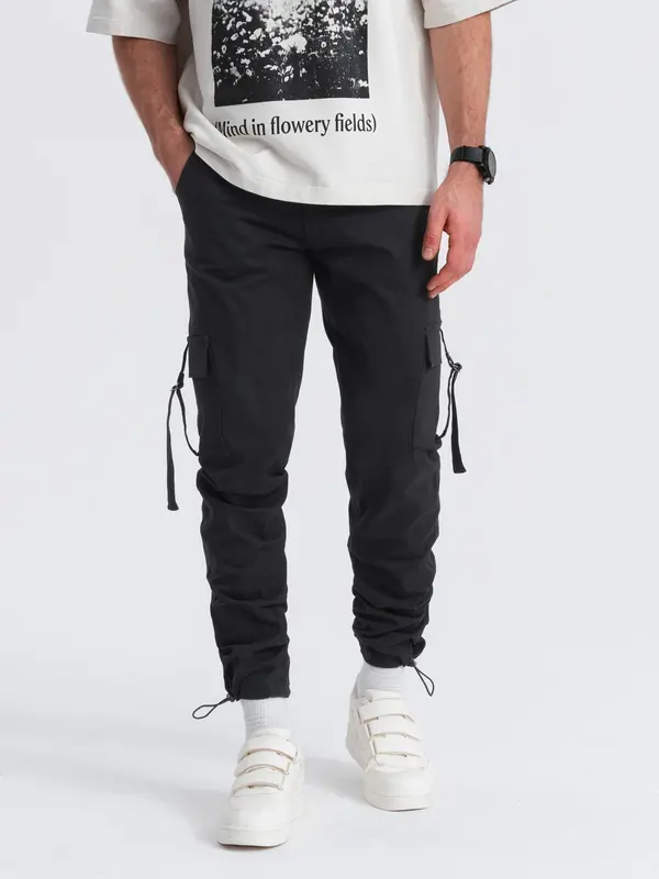 Ombre Ombre Men's cargo pants STRAIGHT LEG with stripes on pockets - black