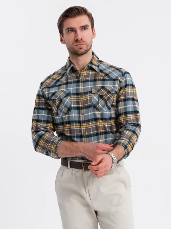 Ombre Ombre Men's checkered flannel shirt with pockets - gray-yellow