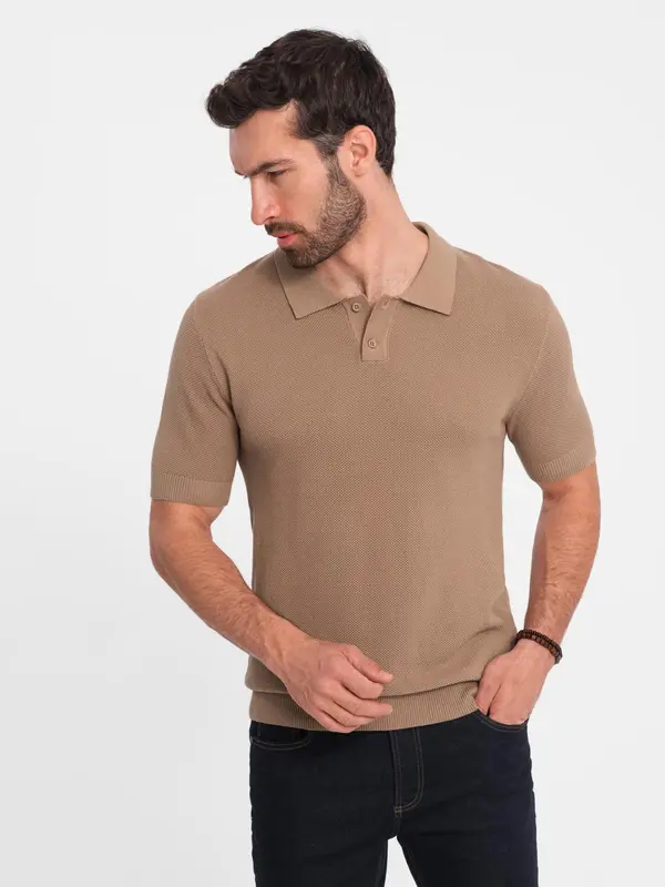 Ombre Ombre Men's cotton structured knit polo shirt - light brown