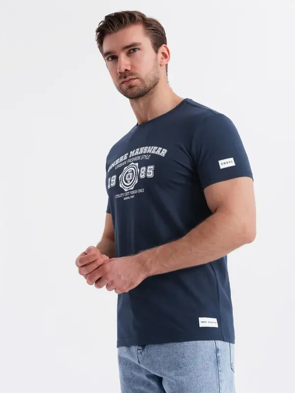 Ombre Ombre Men's cotton t-shirt with college style print - navy blue