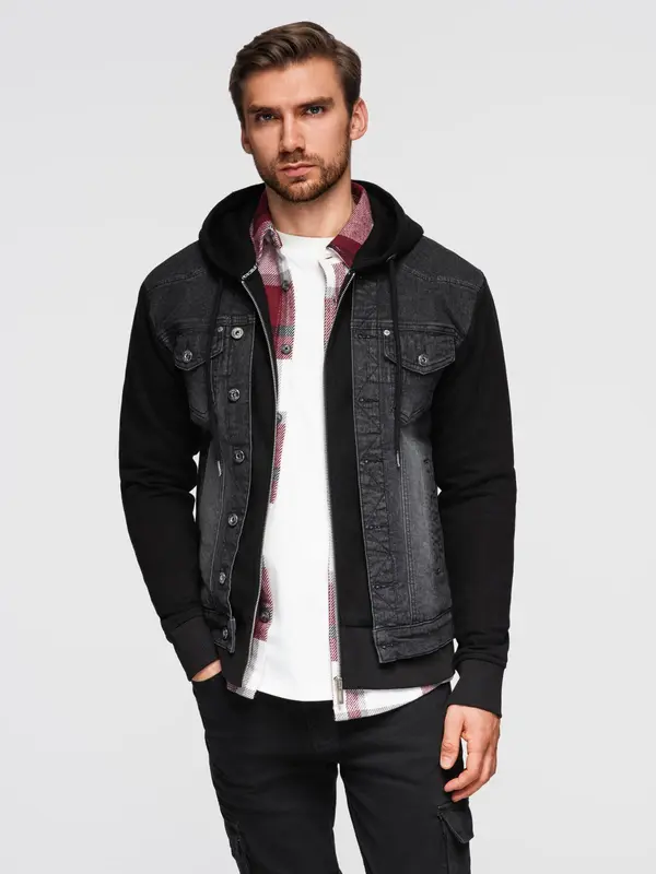 Ombre Ombre Men's denim jacket with knitted sleeves and hood - black