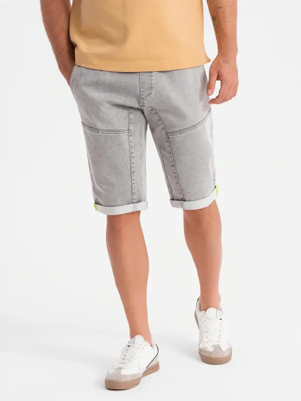 Ombre Ombre Men's denim short shorts with decorative stitching - light grey