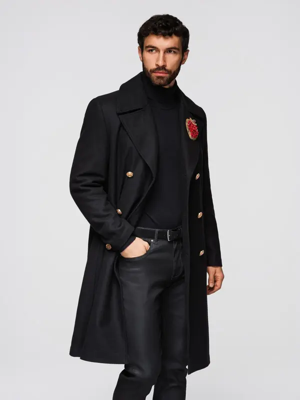 Ombre Ombre Men's double-breasted wool coat with decorative appliqués - black