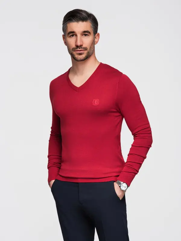 Ombre Ombre Men's elegant V-neck BASIC sweater with viscose - red