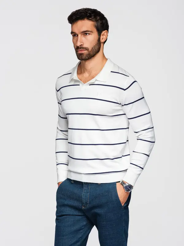 Ombre Ombre Men's horizontal striped polo longsleeve with viscose - white and navy blue