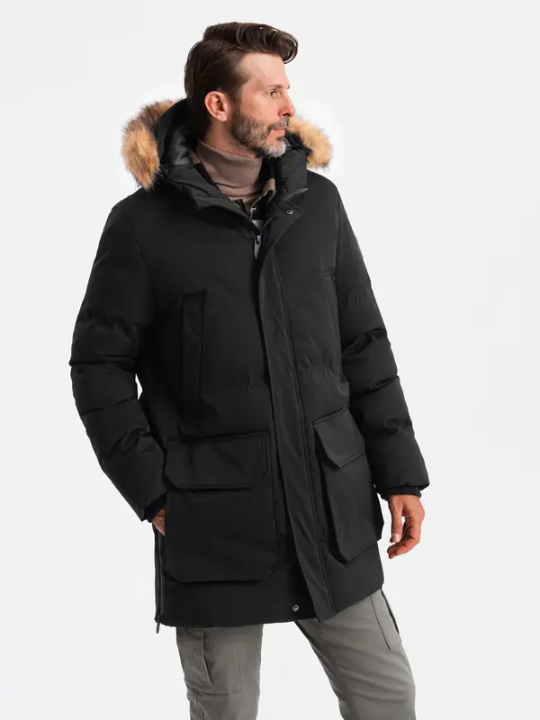 Ombre Ombre Men's insulated long parka jacket with flared bottom - black