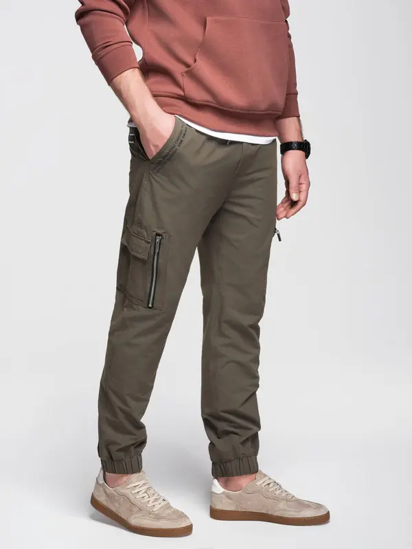 Ombre Ombre Men's jogger pants with cargo pockets and print - dark olive green