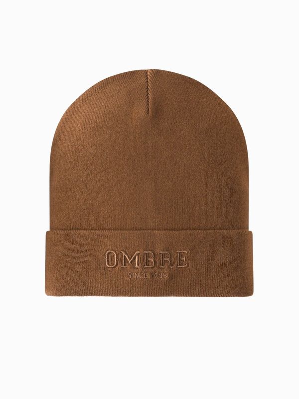 Ombre Ombre Men's knitted beanie with embroidered inscription - brown