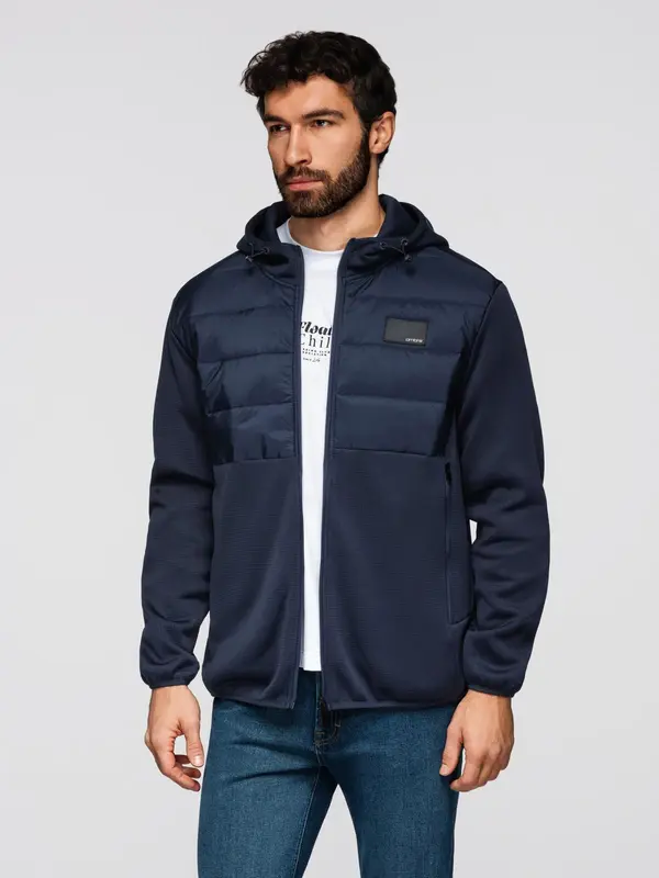 Ombre Ombre Men's lightweight jacket of combined materials with hood and decorative quilting - navy blue
