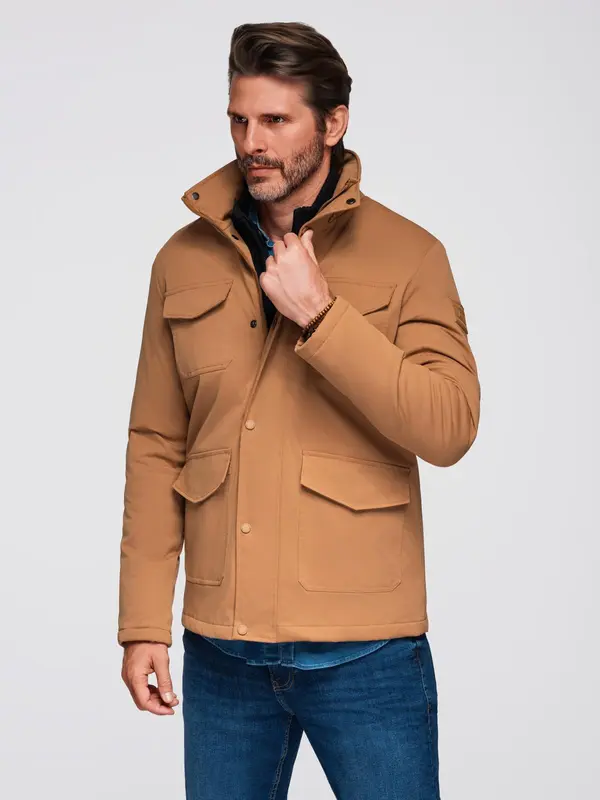Ombre Ombre Men's lightweight jacket with pockets and high collar - brown