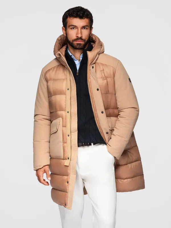 Ombre Ombre Men's long quilted jacket with large pockets - beige