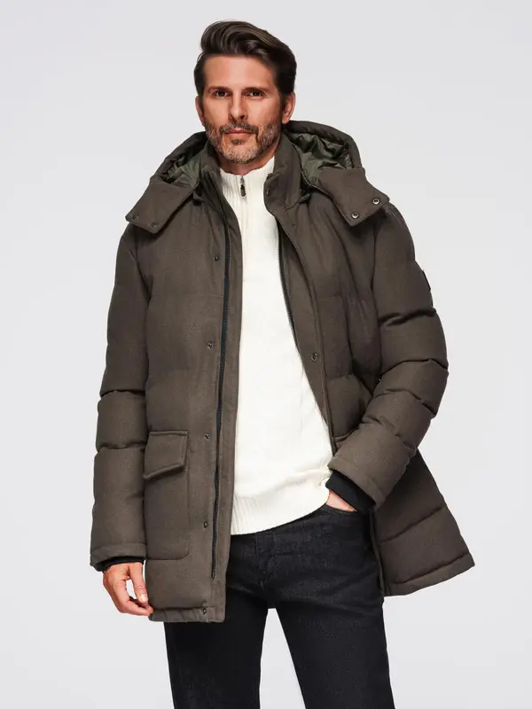 Ombre Ombre Men's long warm parka jacket with wool - dark grey melange