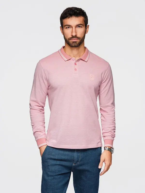 Ombre Ombre Men's melange polo longsleeve with embroidery - pink melange