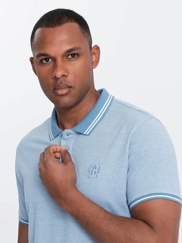 Ombre Ombre Men's melange polo shirt with striped collar - blue