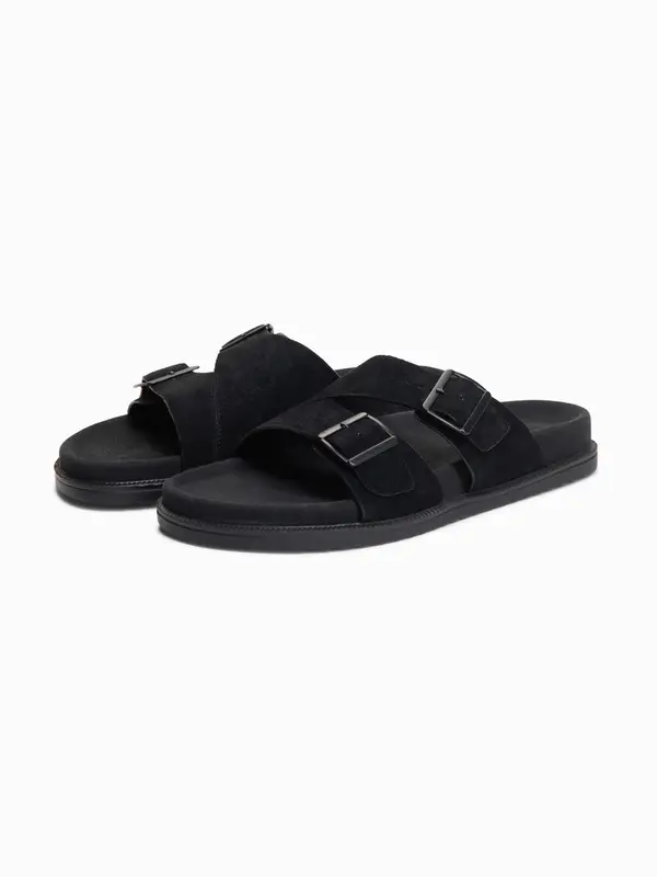 Ombre Ombre Men's natural suede flip-flops with adjustable buckles - black