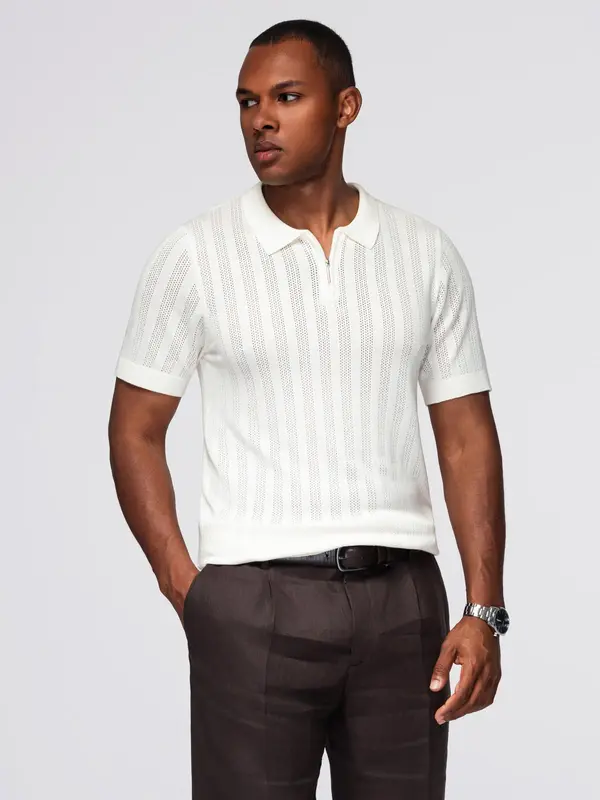 Ombre Ombre Men's openwork polo shirt with zipper at neckline - white